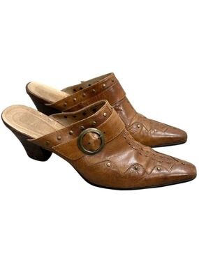 90s Y2K cognac brown leather studded square toe slip on heeled mules EU 39
